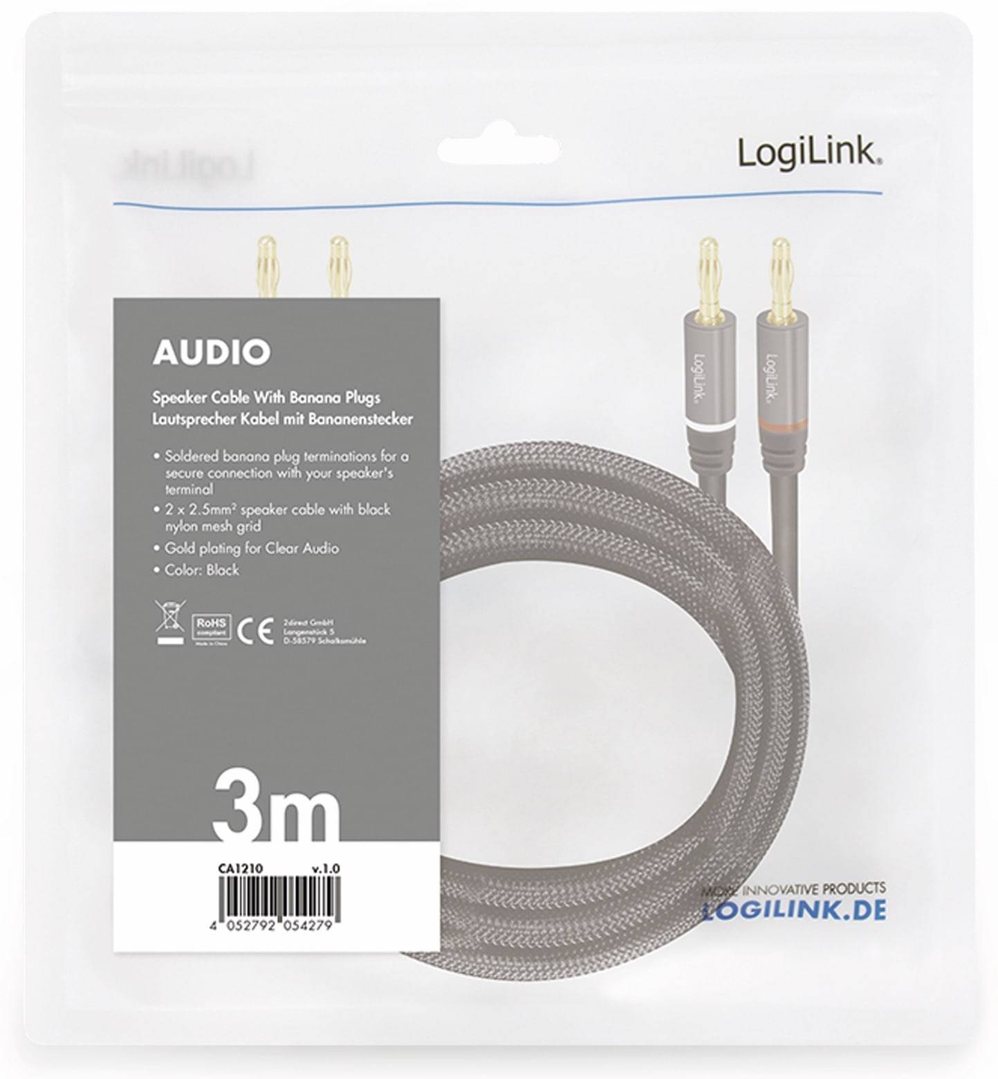 LOGILINK Lautsprecherkabel CA1210, 3 m, 2x2 Bananenstecker, Nylon, schwarz