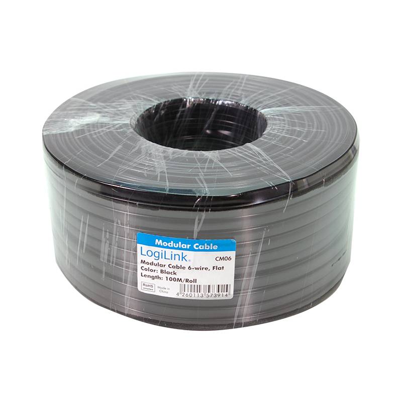 LogiLink Telefonkabel, 100 m, 6-adrig, flach, schwarz