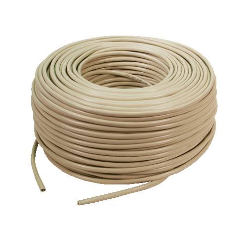 Aufgerolltes beiges Kabel oder Schlauch auf weißem Hintergrund, mit zwei sichtbaren losen Enden.