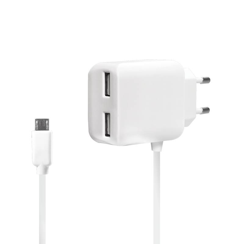 Weiße Wandladegerät mit zwei USB-Anschlüssen und angebrachtem Kabel; separater Micro-USB-Stecker daneben abgebildet.
