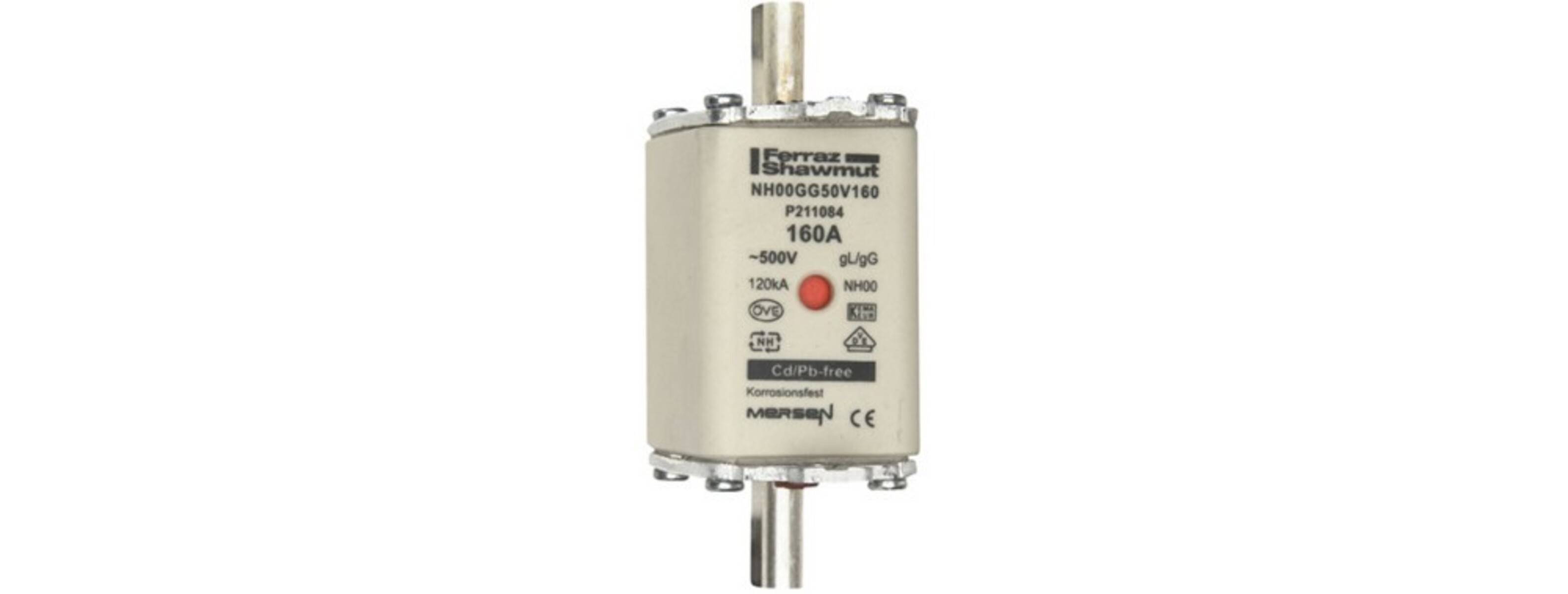 Ein zylindrischer Industriesicherung auf weißem Hintergrund, beschriftet mit 160A und 1000V mit einem roten Anzeiigefenster.