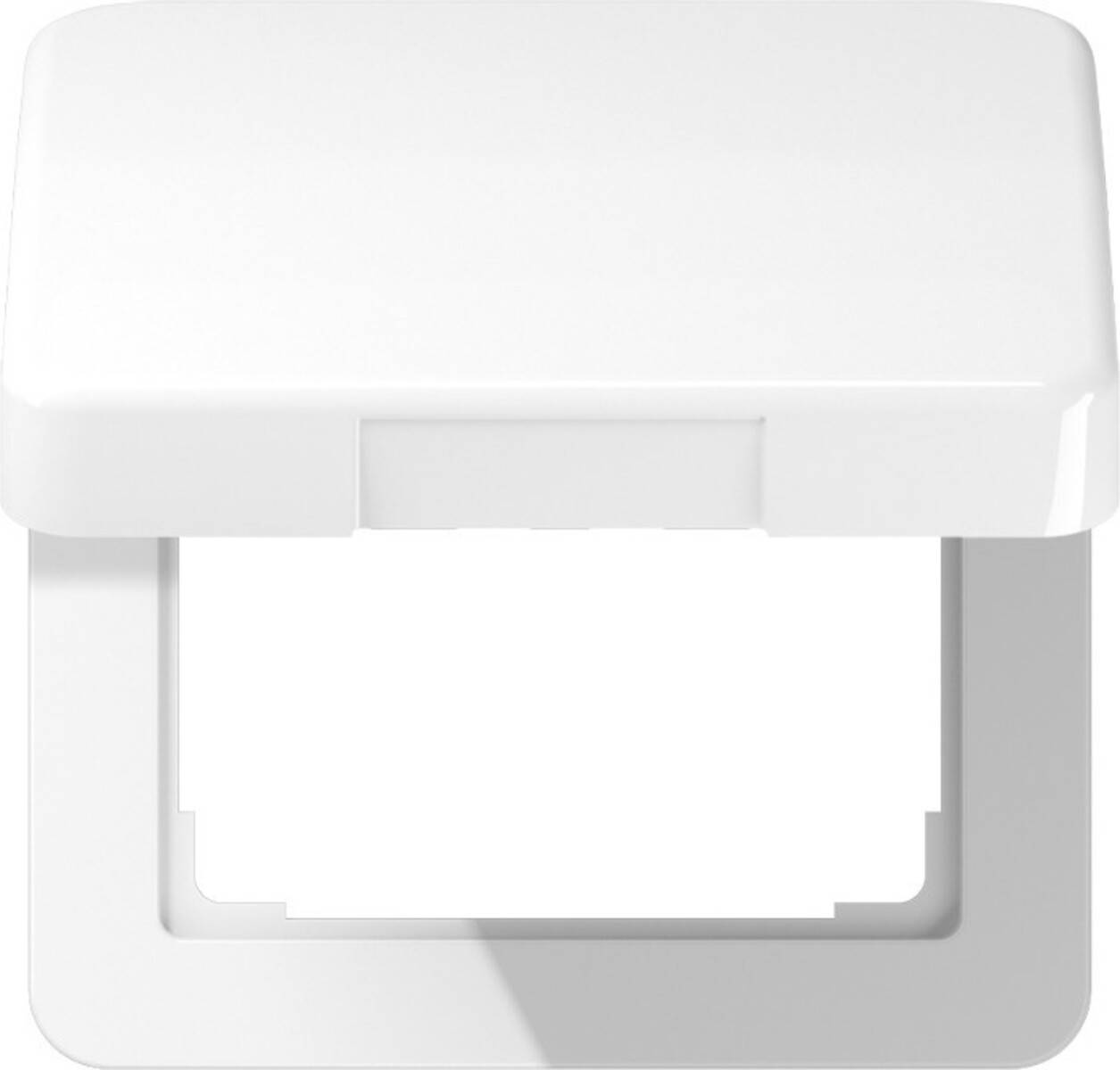 Ein weißer Plastikquadratdeckel mit einem Klappdeckel, teilweise geöffnet, der einen leeren Raum in der Mitte zeigt.