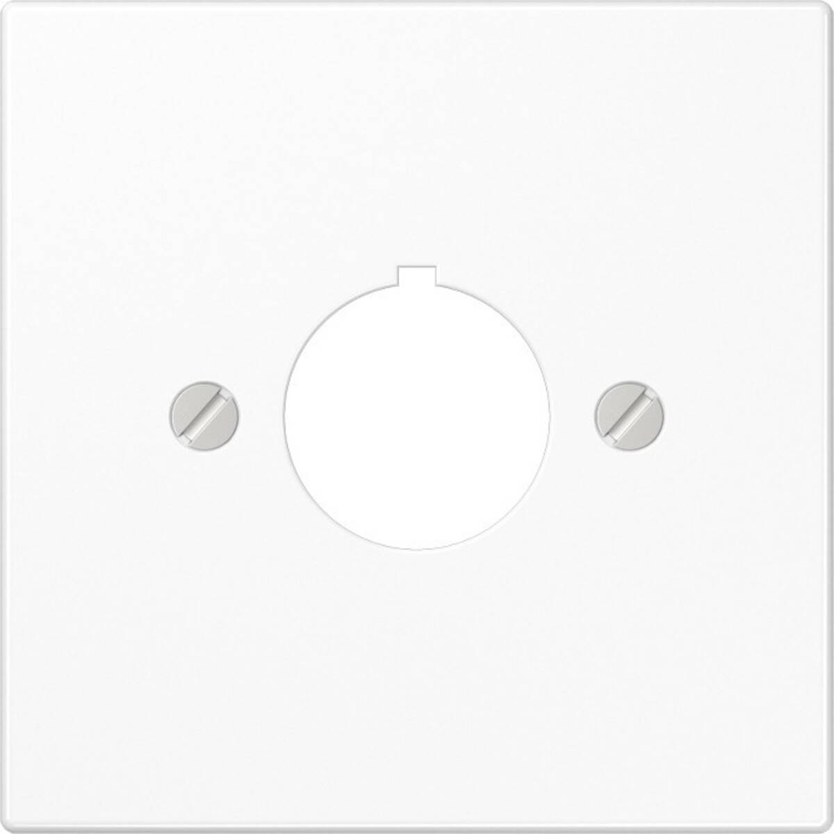 Eine schlichte weiße Wandplatte mit einer zentralen kreisförmigen Aussparung für einen Schalter oder ein Stellrad, flankiert von zwei sichtbaren Schrauben.