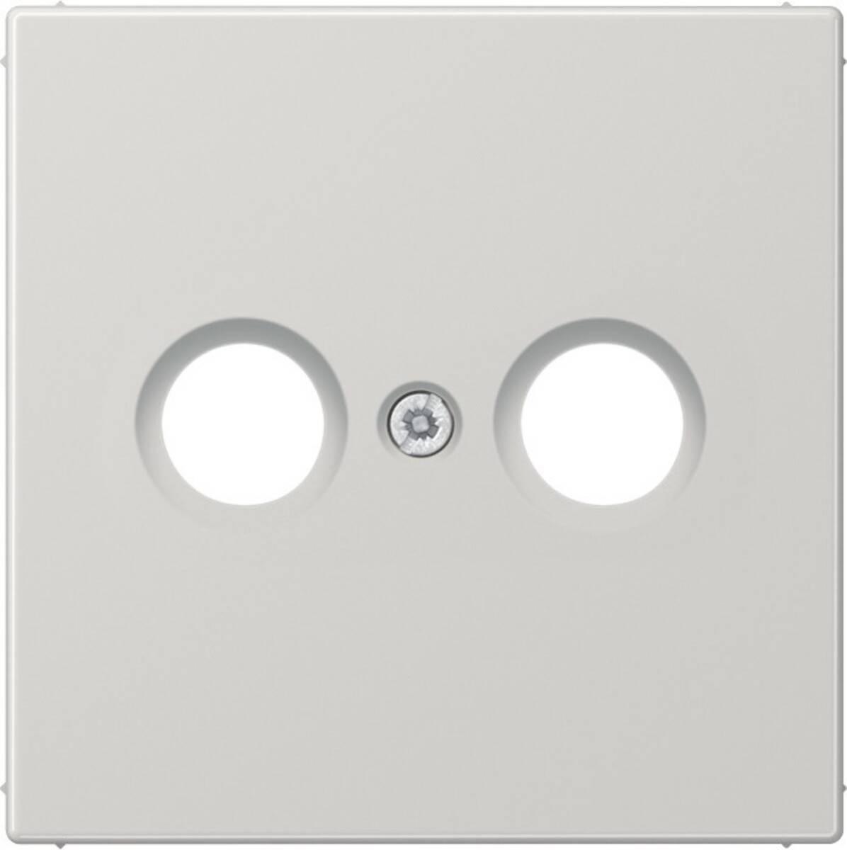 Ein weißes Zierpanel mit zwei kreisrunden Ausschnitten und einer zentralen Schraube, das einem neutralen Gesichtsausdruck ähnelt.