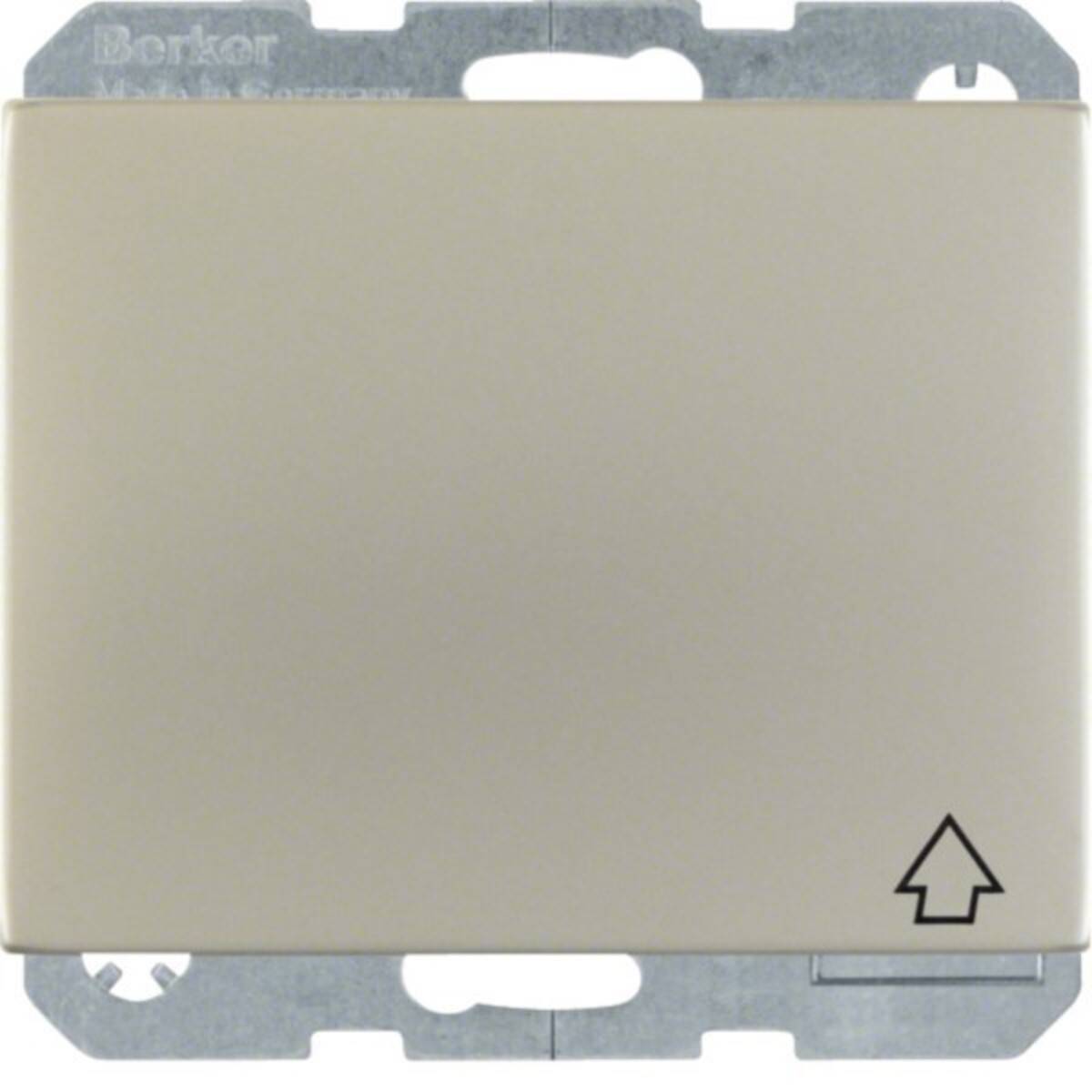 Beige Berker Wandschalter oder weiße Wandplatte mit kleinem Pfeilsymbol nach oben in der unteren rechten Ecke.