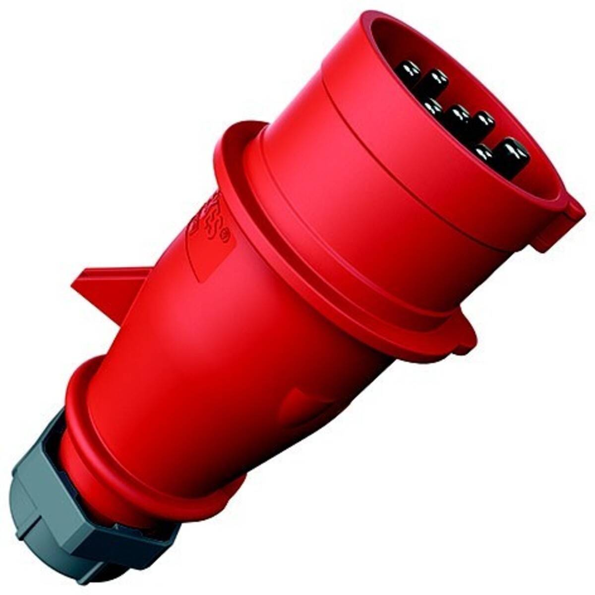Roter industrieller elektrischer Stromstecker mit mehreren Buchsen auf weißem Hintergrund.
