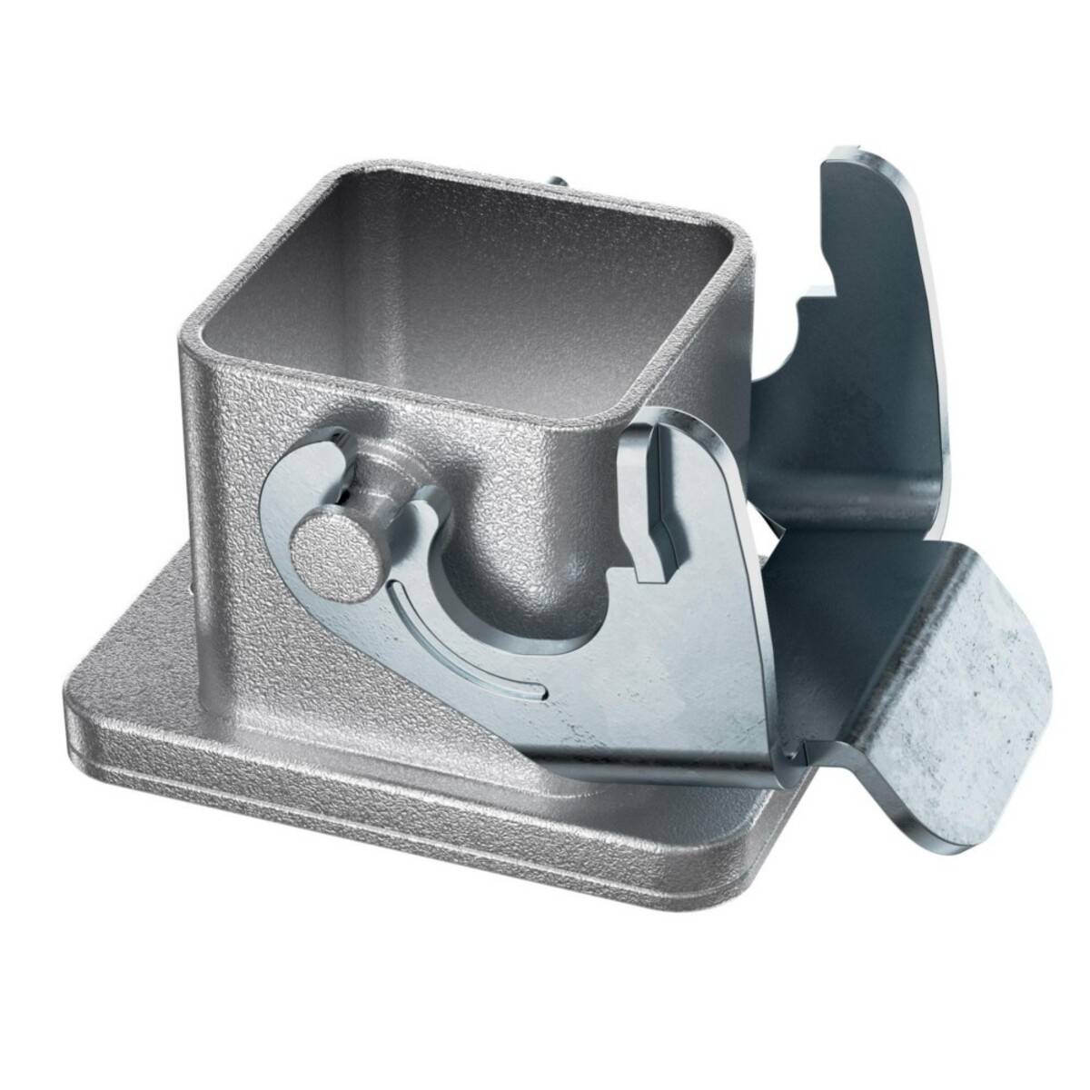 Silberner Metallbügel mit quadratischer Grundfläche und Haken-Mechanismus, konzipiert für robuste Befestigungs- oder Stützanwendungen.