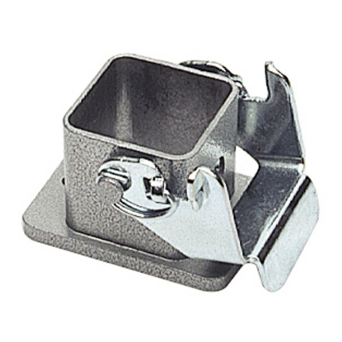 Eine Metallhalterung mit quadratischer Öffnung und verstellbarer Klammer, die zum sicheren Halten oder Abstützen von Objekten verwendet wird.