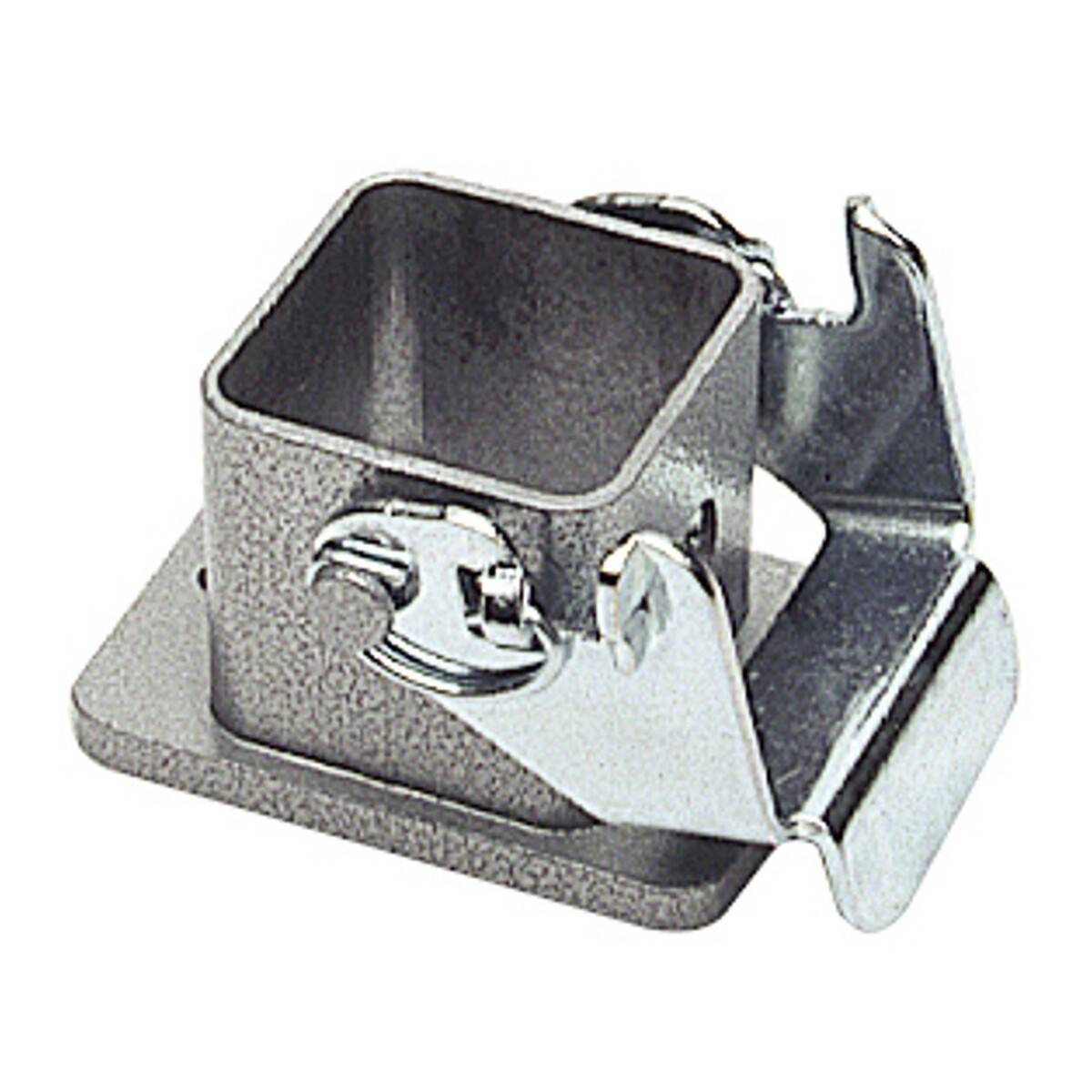 Quadratische Metallhalterung mit Scharnier und Befestigungsplatte, verwendet zum Befestigen von Zäunen oder Pfosten.