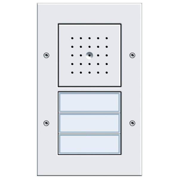 Gegensprechanlage mit Lautsprecher und drei Tasten an einer Wand, die für Kommunikation und Zugangskontrolle verwendet wird.