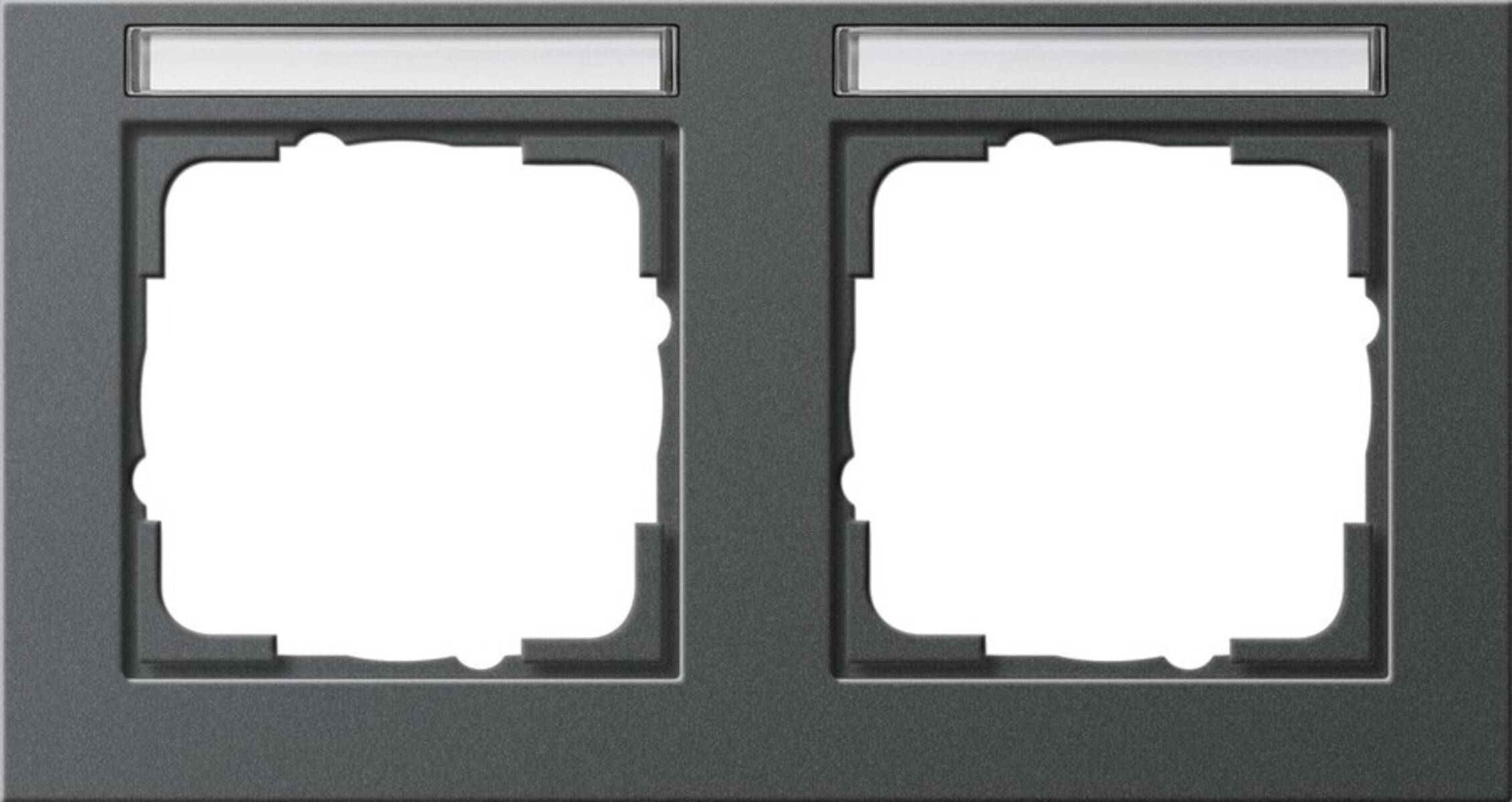 Zwei leere quadratische Ausschnitte in einem dunkelgrauen Panel, jeweils mit einem schmalen leeren Etikettenstreifen darüber.