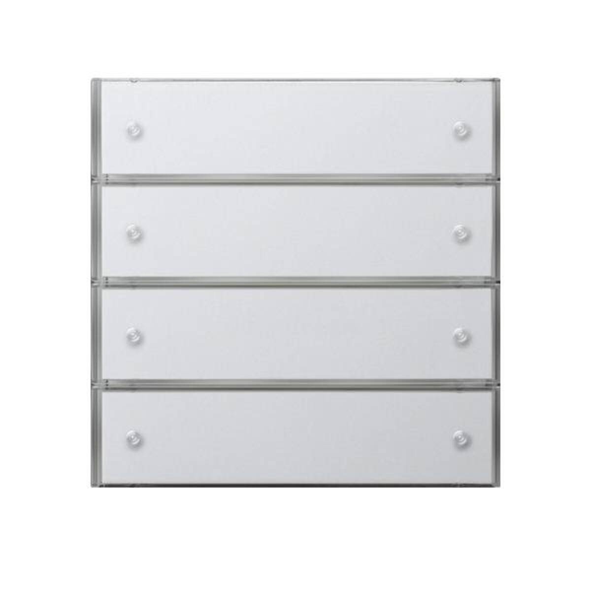 Weiße Kommode mit vier Schubladen oder Sideboard mit transparenten Griffen, frontal vor einem schlichten weißen Hintergrund gezeigt.