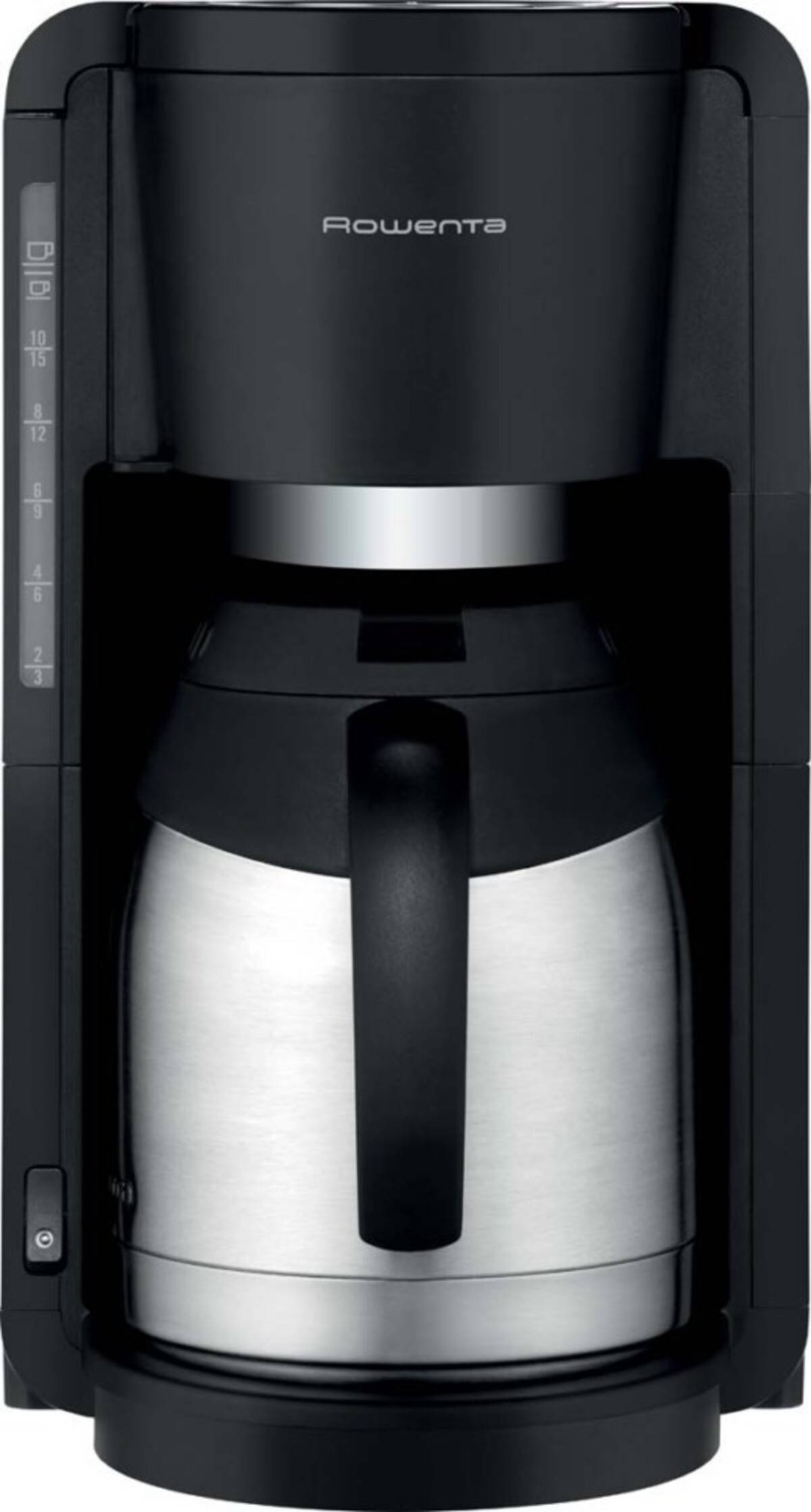 Schwarze und edelstahlfarben Rowenta-Tropfkaffeemaschine mit Frontgriff und sichtbarem Wasserpegelfenster auf der linken Seite.