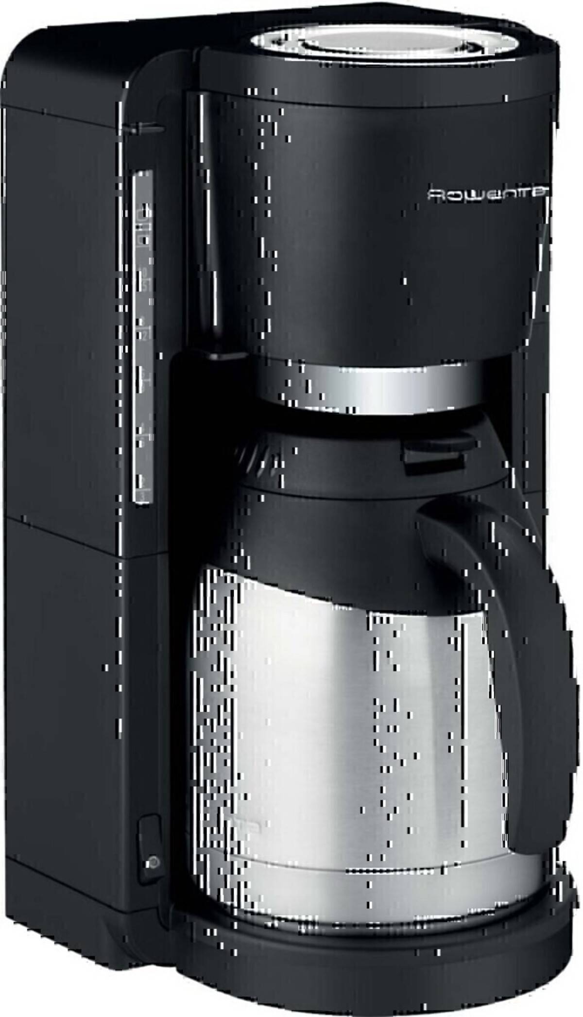 Schwarze elektrische Tropfkaffeemaschine mit glasenem Glaskrug in einem frontseitigen Fach