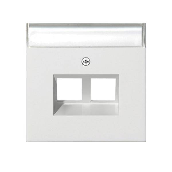 Eine weiße Kunststoff-Wandplatte mit zwei rechteckigen Ausschnitten für Netzwerkanschlüsse und einem kleinen Logo über den Ausschnitten.