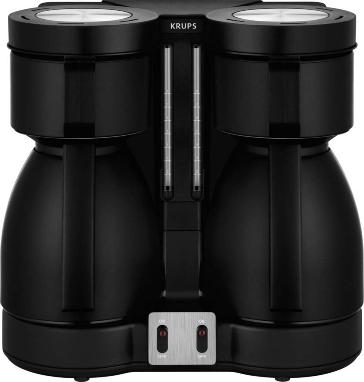 Schwarze KRUPS Dual-Kaffeemaschine mit zwei nebeneinander angeordneten Karaffen und Frontbedienungsschaltern, dargestellt vor weißem Hintergrund.