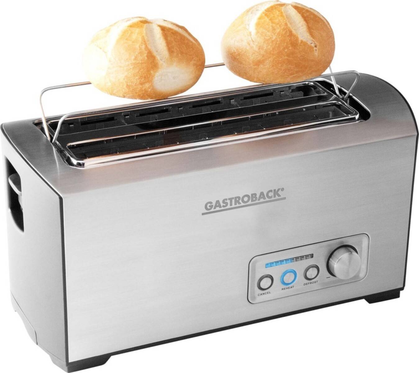 Zwei Brötchen werden auf einem silbernen Toaster mit digitalem Bedienfeld geröstet.