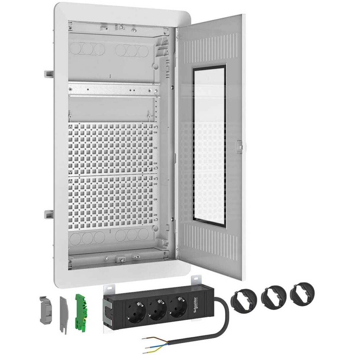 Offene graue Elektroverteilung mit Klappdeckel, Befestigungsplatte, Steckerleiste, Kabel und mehreren Steckeradaptern, die unten gezeigt sind.