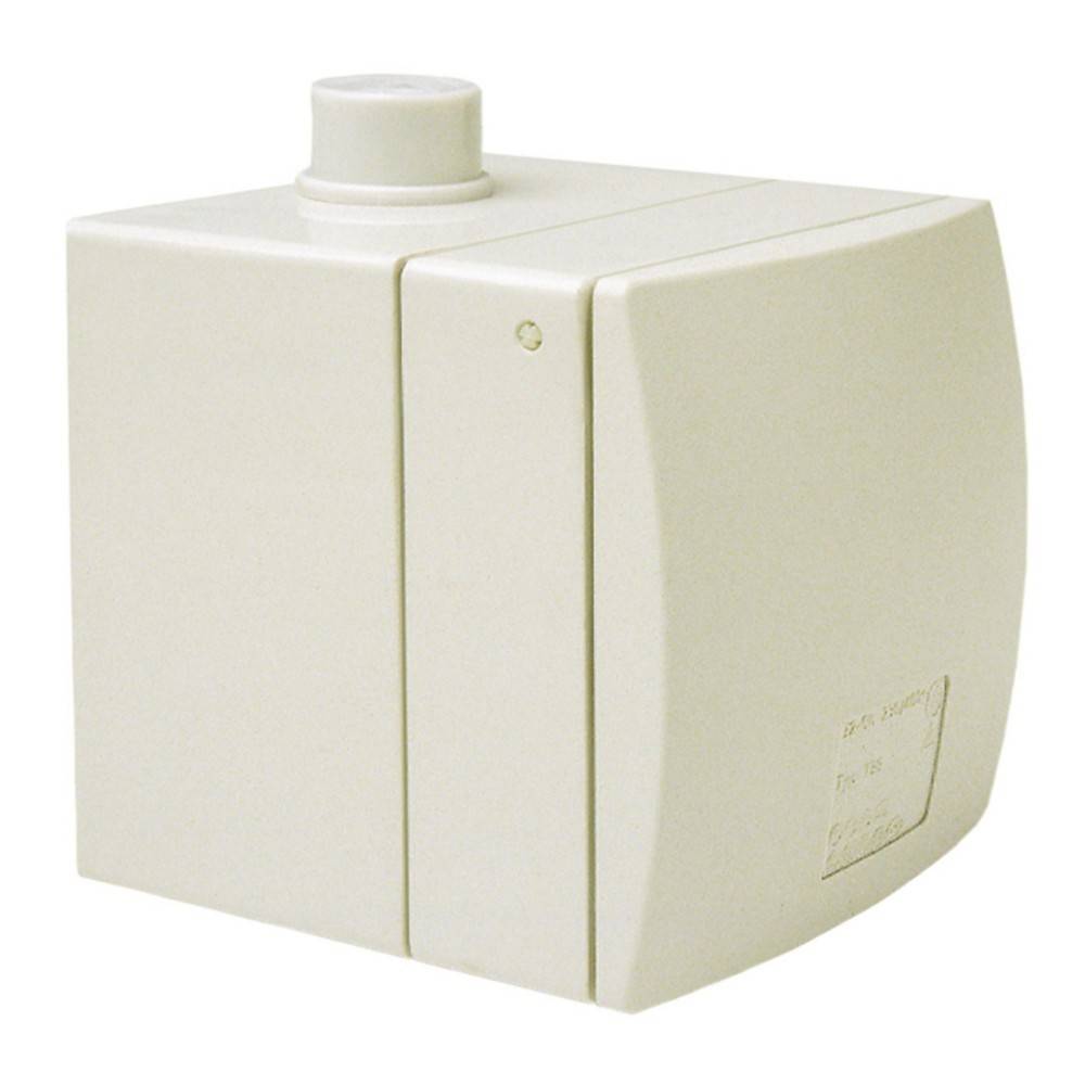 Eine weiße elektrische Abzweigdose mit einem kreisförmigen Knopf oben, die zur Unterbringung von Elektroverbindungen dient.