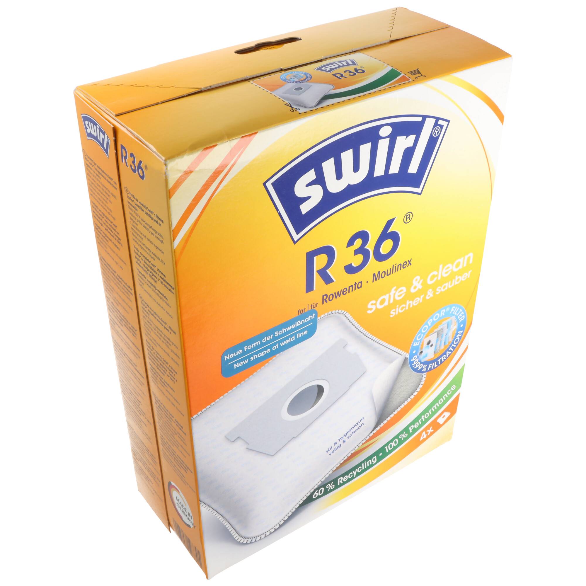 Packung mit Swirl R36 Staubsaugerbeuteln, orange Verpackung mit Produktabbildung und Markenname auf der Vorderseite.