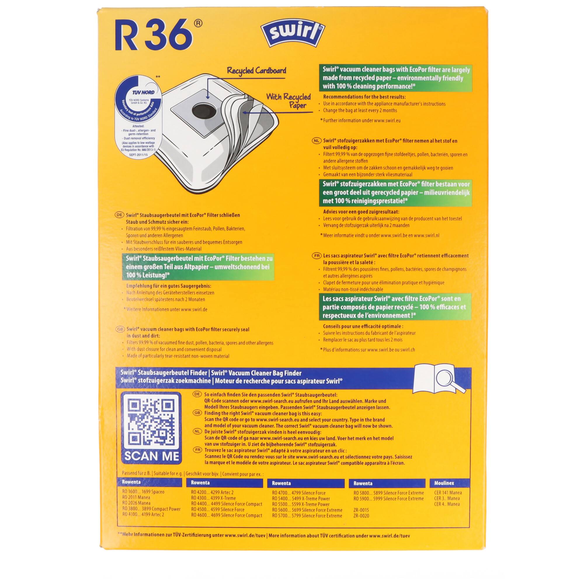 Verpackung für Swirl R36 Staubsaugerbeutel mit Produktabbildung, Hauptmerkmalen, mehrsprachigen Anweisungen, QR-Code und Kompatibilitätsdetails.