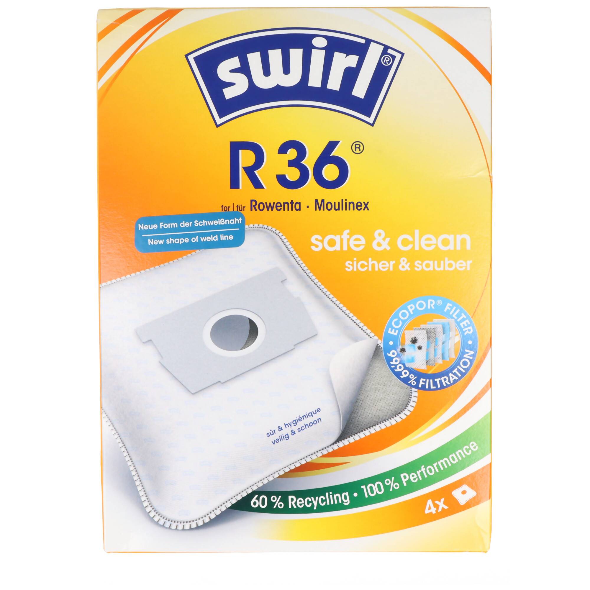 Paket mit Swirl R36 Staubsaugerbeuteln für Rowenta und Moulinex, gekennzeichnet mit „safe & clean