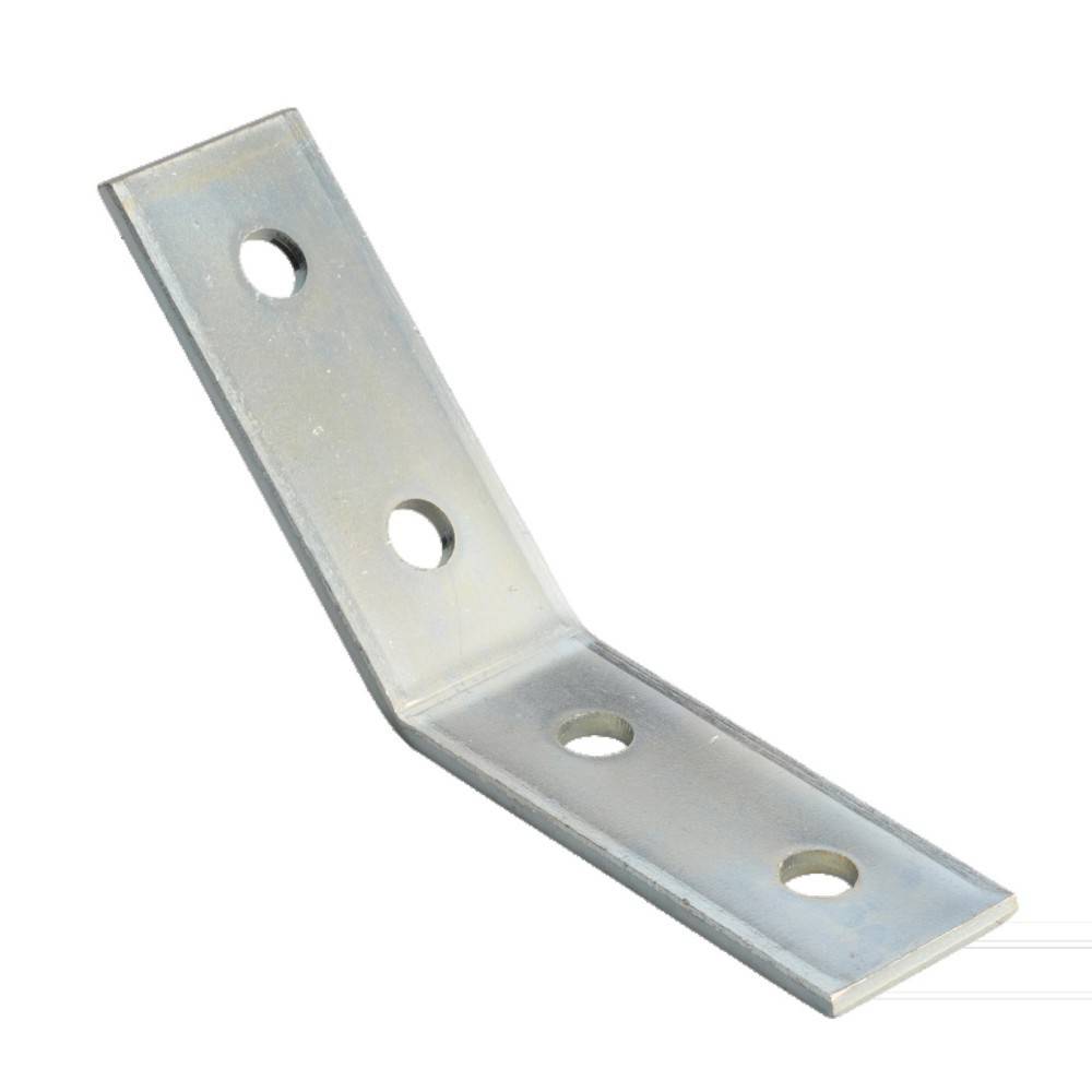 Eine Metallwinkelhalterung mit vier Befestigungslöchern, die zum Abstützen oder Verbinden von Objekten im rechten Winkel verwendet wird.