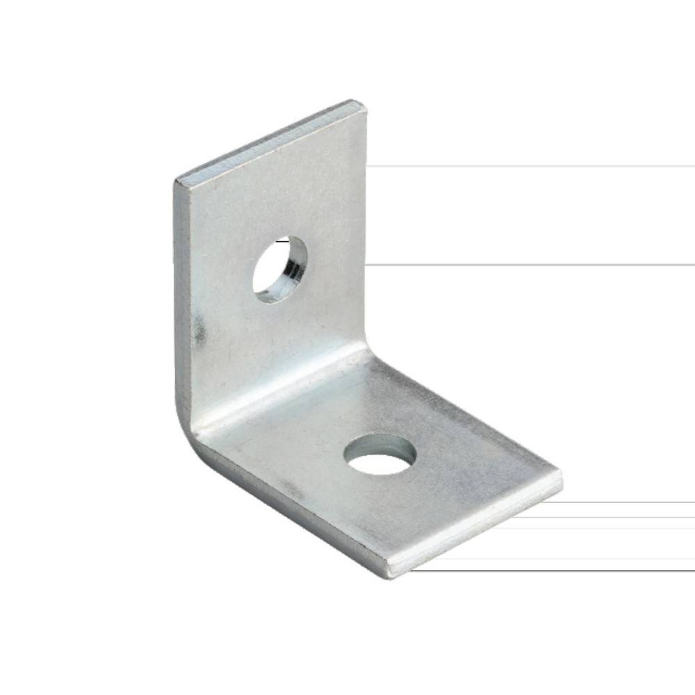 Eine metallische L-Klammer mit zwei Schraubenlöchern, die zur Verbindung von zwei Oberflächen in einem rechten Winkel verwendet wird.