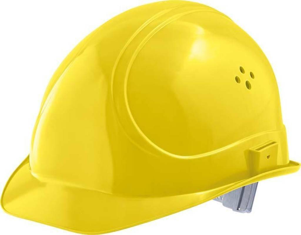 Gelber Schutzhelm auf weißem Hintergrund, von der Seite gezeigt mit sichtbaren Belüftungslöchern und Kinnriemenclip.