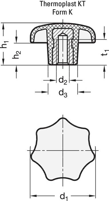 Sterngriff DIN 6336 m.Gewindebuchse Ku.d1 63mm d2 M 12mm
