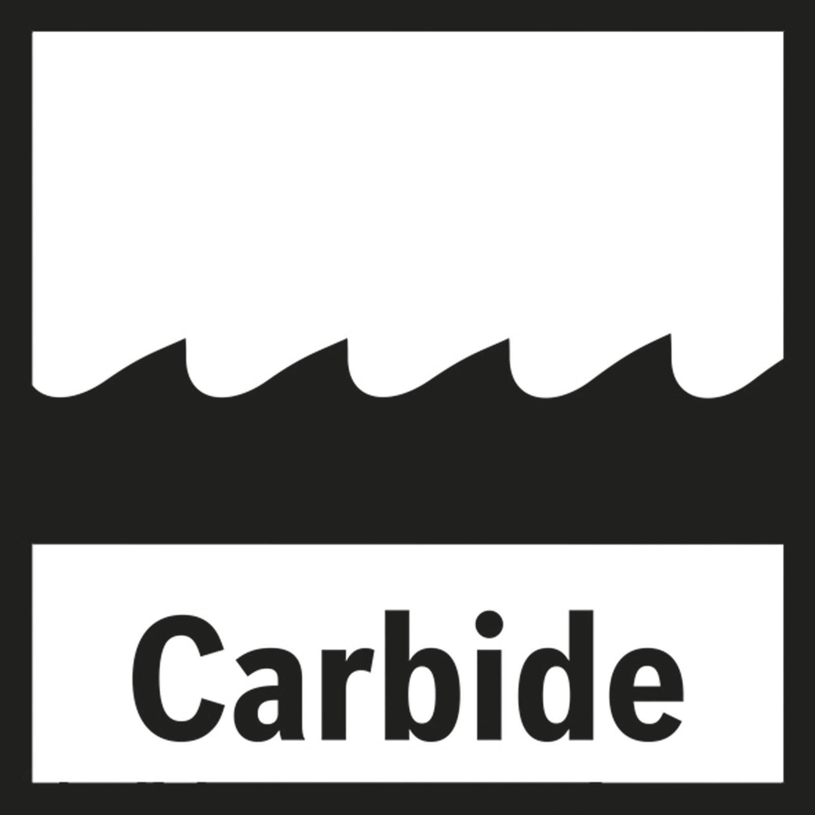 Ein Symbol mit gezackter Kante oberhalb des Wortes 'Carbide', das ein Hartmetall-Schneidwerkzeug darstellt.