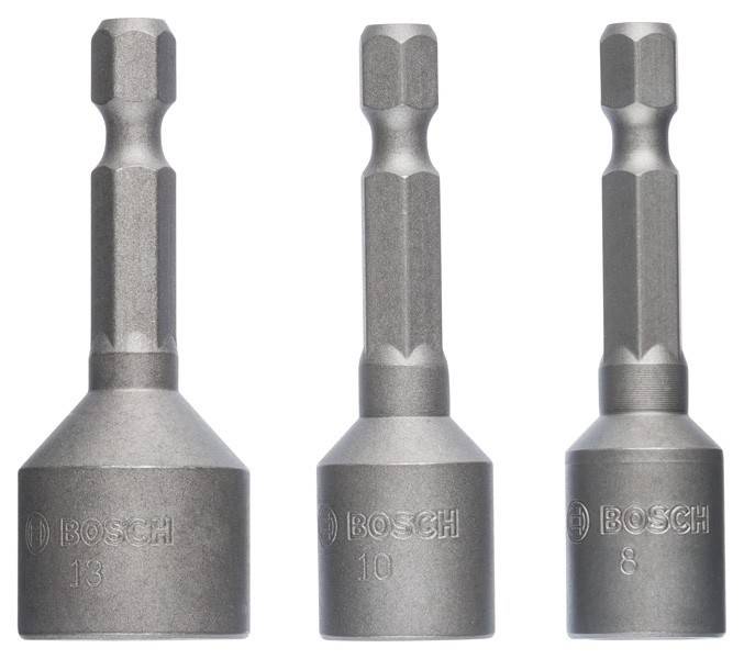 Drei Bosch-Steckschlüssel-Aufsätze in einer Reihe, gekennzeichnet mit '13', '10' und '8', jeweils mit sechskantigen Köpfen zum Festziehen von Schrauben.