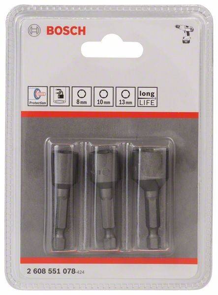 Ein verpacktes Set mit drei Bohrerweiterungen, Größen 8 mm, 10 mm und 13 mm, mit dem Etikett „lange Lebensdauer
