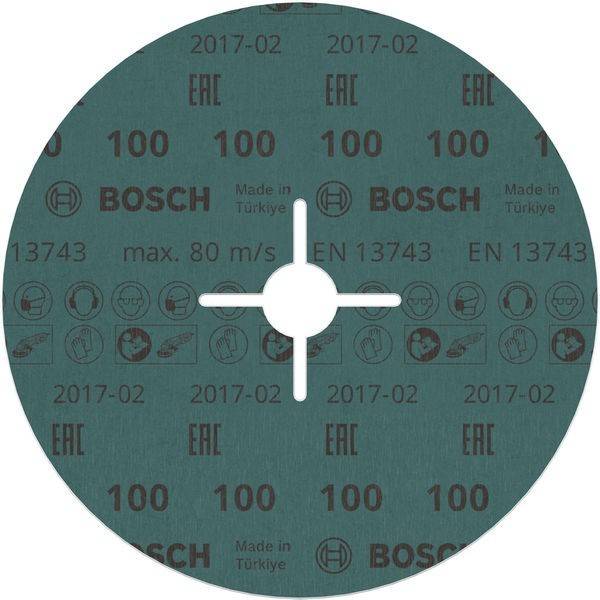 Blauer Trennschleifstein mit 'BOSCH' Logo, 'max. 80 m/s' und 'Made in Türkiye'. Weitere Markierungen sind '100', 'EN 13743' und '2017-02'.