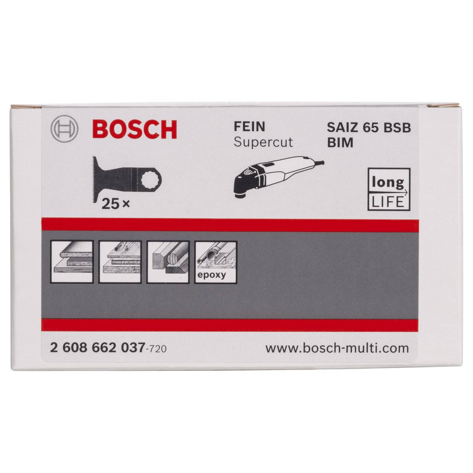 Schachtel mit Bosch Supercut SAIZ 65 BSB BIM Klingen, mit Etiketten, die kompatible Materialien anzeigen: Holz, Metall und Epoxid. Enthält 25 Klingen.