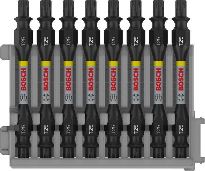 Zehn schwarze Schraubendreh-Bits mit T25-Markierung und BOSCH-Logo, vertikal in einer Reihe angeordnet, geeignet für Torx-Schrauben.