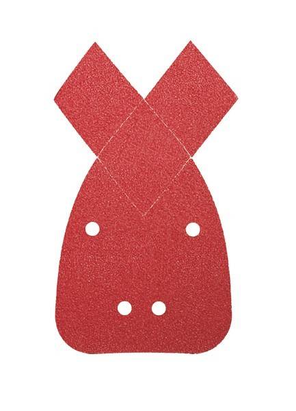 Ein rotes Schleifpapier mit einer dreieckigen Oberkante, abgerundeter Unterseite und sechs symmetrisch angeordneten Löchern zur Staubsammlung für Elektro-Schleifgeräte.