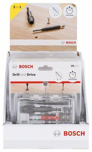 Bosch Bohr- und Schraubendreher-Set' mit 20 Teilen, präsentiert in Verpackung. Das Set umfasst verschiedene Bohr- und Schraubendreherbits für vielseitige Anwendungen.