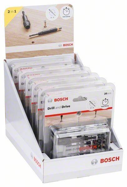 Ein Präsentationsständer präsentiert Bosch 'Drill and Drive' Werkzeugsets, die jeweils 20 Teile enthalten. Die Verpackung zeigt Bilder von Bohrern und Schrauben.