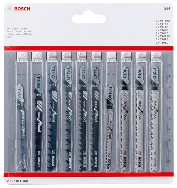 Sägeblatt-Set mit Bosch-Branding. Enthält 10 verschiedene Sägeblätter, jedes mit individueller Beschriftung, konzipiert für AEG, Black+Decker und weitere Marken.