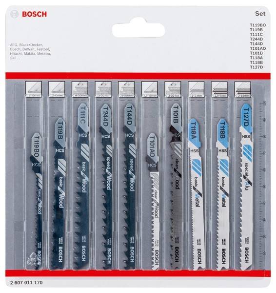 Ein Set von zehn Bosch-Sägeblättern in einer Plastikverpackung, gekennzeichnet mit Modellnummern und Typen. Geeignet für Materialien wie Holz und Metall.