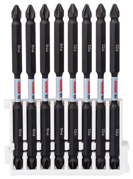Bosch Schlagschraubendreher-Bitset mit sechs PH2- und sechs PZ2-Bits in einem weißen Kunststoffhalter.