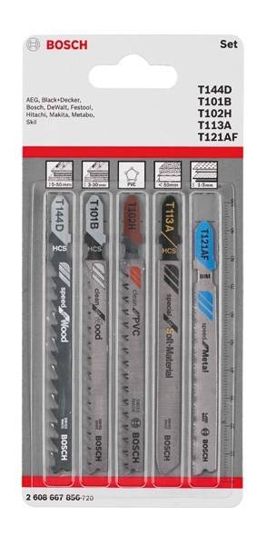 Ein Paket mit Stichsägeblättern für verschiedene Materialien: Holz, PVC, weiche Materialien und Metall. Die Sägeblätter sind mit T144D, T101B, T102H, T113A, T121AF gekennzeichnet.