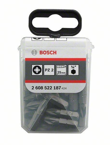 Eine durchsichtige Kunststoffbox mit Bosch PZ 2 Schraubendrehereinsätzen, 25 mm, gekennzeichnet mit der Produktnummer '2 608 522 187'.