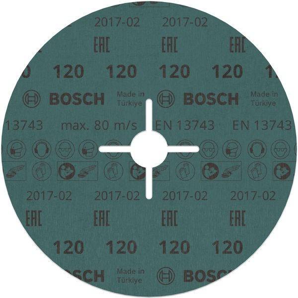 Eine kreisförmige Schleifscheibe mit dem Aufdruck 'BOSCH', 'Made in Türkiye' und 'max. 80 m/s', zusammen mit Symbolen und den Zahlen '120', '2017-02'.