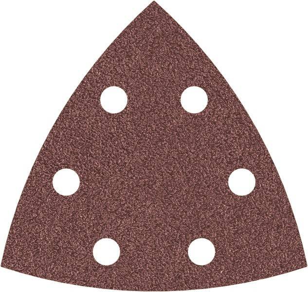 Dreieckiges Schleifpapierblatt mit sechs kreisrunden Löchern, verwendet für Multitool-Schleifen.