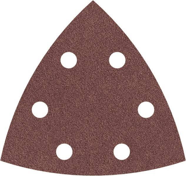 Ein dreieckiger Schleifpad mit sechs gleichmäßig verteilten Löchern.