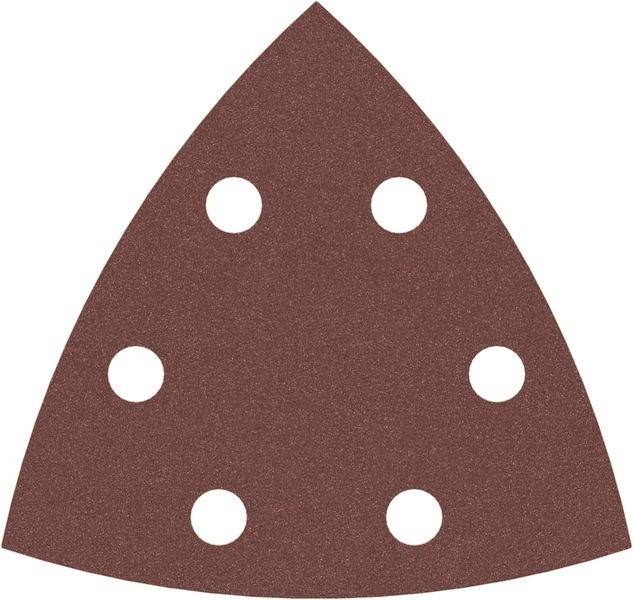 Eine dreieckige braune Schleifscheibe mit sechs gleichmäßig verteilten Löchern.