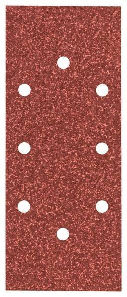 Ein rechteckiges Stück Schleifpapier aus rotem Sandpapier mit sechs gleichmäßig verteilten Löchern, das für die Verwendung mit einem Exzenterschleifer konzipiert ist.