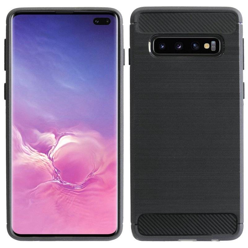 Silikon Hülle Carbon kompatibel mit SAMSUNG GALAXY S10 PLUS (G975F) TPU Case Soft Handyhülle Cover Schutzhülle Schwarz